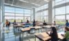 A bright, modern K-12 classroom where diverse students use tablets for personalized learning. A smartboard displays dynamic data visualizations, highlighting AI-driven progress tracking and collaborative engagement in a sunlit, focused environment.