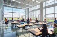 A bright, modern K-12 classroom where diverse students use tablets for personalized learning. A smartboard displays dynamic data visualizations, highlighting AI-driven progress tracking and collaborative engagement in a sunlit, focused environment.