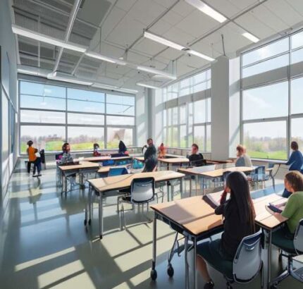 A bright, modern K-12 classroom where diverse students use tablets for personalized learning. A smartboard displays dynamic data visualizations, highlighting AI-driven progress tracking and collaborative engagement in a sunlit, focused environment.