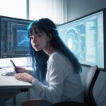 A contemplative university student works at a modern desk surrounded by glowing monitors displaying complex AI algorithms, illustrating the shift from traditional education to technology-driven learning environments.