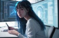 A contemplative university student works at a modern desk surrounded by glowing monitors displaying complex AI algorithms, illustrating the shift from traditional education to technology-driven learning environments.