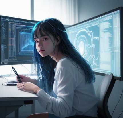 A contemplative university student works at a modern desk surrounded by glowing monitors displaying complex AI algorithms, illustrating the shift from traditional education to technology-driven learning environments.