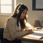 A diverse high school student uses noise-canceling headphones to interact with a floating holographic AI tutor displaying dynamic math equations in a cozy, golden-lit study room blending traditional books with futuristic learning tools.
