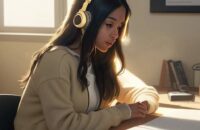 A diverse high school student uses noise-canceling headphones to interact with a floating holographic AI tutor displaying dynamic math equations in a cozy, golden-lit study room blending traditional books with futuristic learning tools.