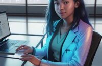 A focused university student sits at a modern desk in a sunlit library, engaging with a holographic AI interface displaying personalized learning pathways and complex data visualizations tailored to their progress.