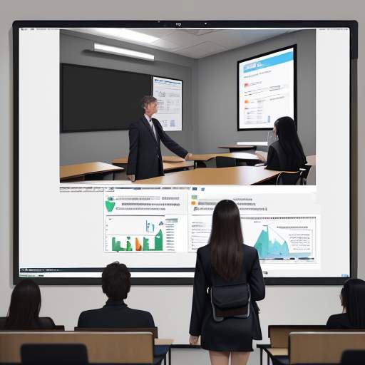 A professor uses an AI assistant on a smartboard to create interactive quizzes, engaging students with tablets in a modern lecture hall. The display shows dynamic graphs and performance metrics, highlighting a shift from passive listening to activ…