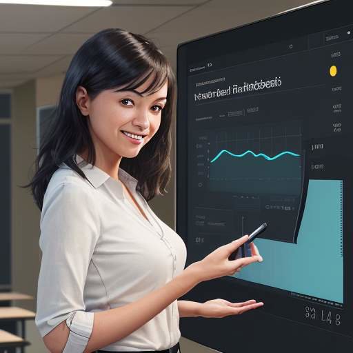 A smiling teacher stands before an interactive display showing colorful class performance graphs, holding a tablet to address student needs in a warmly lit classroom.