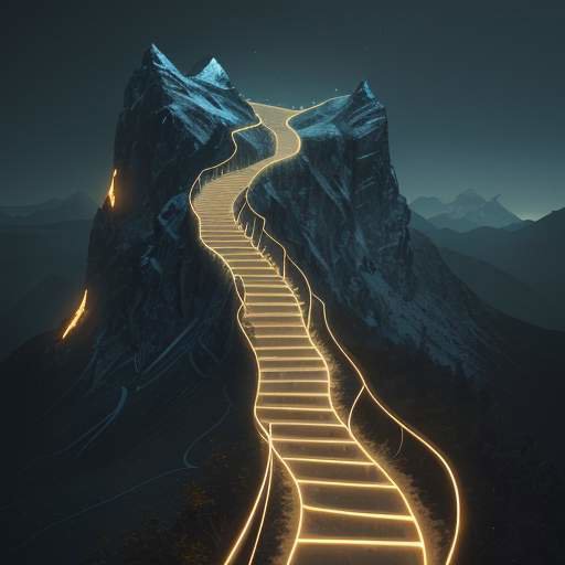 A winding path of glowing books and data streams ascends a mountain toward a bright horizon, symbolizing continuous learning and intellectual journey.