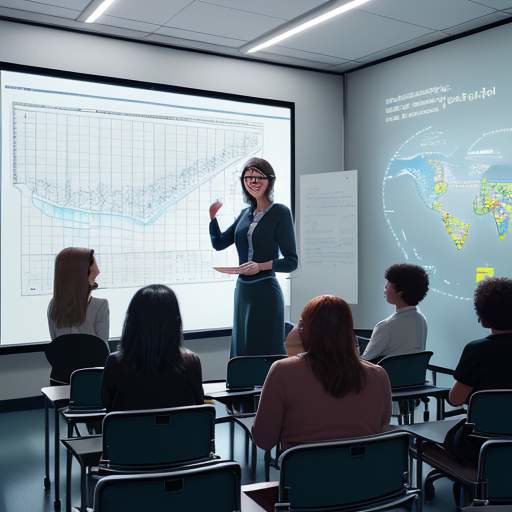 Diverse educators collaborate around a holographic display visualizing student progress and personalized learning paths in a modern classroom setting.