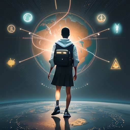 Diverse student at a crossroads, looking toward a bright, futuristic horizon symbolizing perpetual learning and opportunity in the AI age.