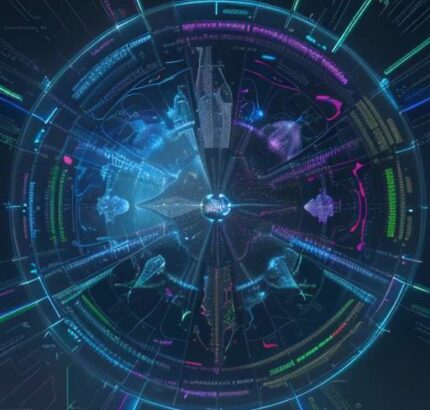 Diverse students collaborate around a holographic display, visualizing complex knowledge connections and promoting intellectual synergy in modern learning.