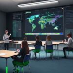 Diverse students collaborate around a table interacting with holographic interfaces displaying personalized learning paths, illustrating future adaptive education.