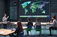 Diverse students collaborate around a table interacting with holographic interfaces displaying personalized learning paths, illustrating future adaptive education.