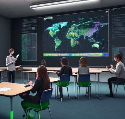Diverse students collaborate around a table interacting with holographic interfaces displaying personalized learning paths, illustrating future adaptive education.