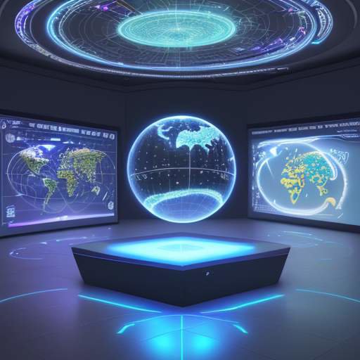 Diverse students from around the world collaborate using holographic interfaces in a bright learning space, symbolizing global access to advanced knowledge and educational equity.