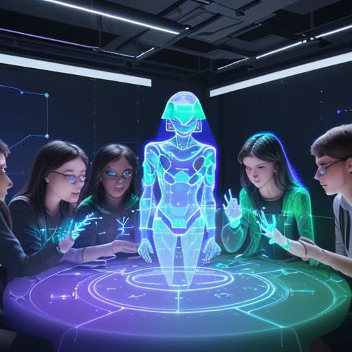 Diverse university students collaborate around a glowing holographic table displaying complex data nodes. They actively discuss and validate AI-generated information, illustrating a future classroom where educators guide inquiry and critical think…