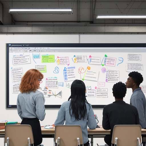 Diverse young adults intensely collaborating in a bright workshop, using whiteboards, tablets, and models to solve complex, interdisciplinary problems.