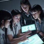 High school students collaborate around a modern table using holographic displays and tablets during an AI ethics lesson, guided by a teacher in a high-tech classroom.