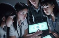 High school students collaborate around a modern table using holographic displays and tablets during an AI ethics lesson, guided by a teacher in a high-tech classroom.