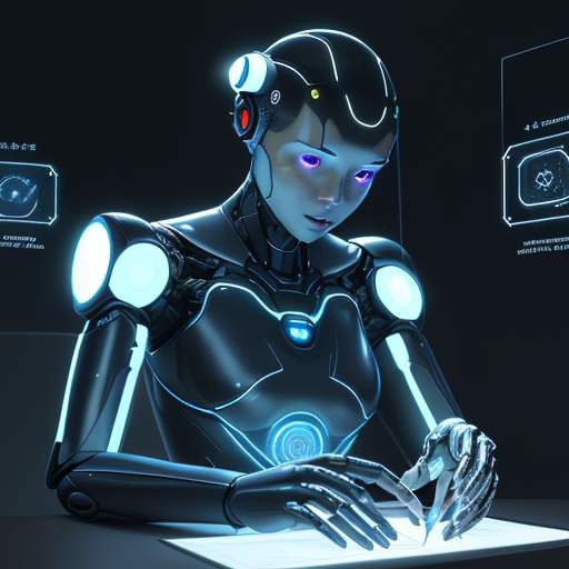 Mentor and student collaborate over a glowing projection visualizing AI ethics, symbolizing thoughtful human guidance over advanced technology.