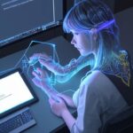 Overhead view of a student deeply engaged with a holographic interface displaying interconnected learning nodes, symbolizing personalized, adaptive AI education.