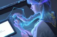 Overhead view of a student deeply engaged with a holographic interface displaying interconnected learning nodes, symbolizing personalized, adaptive AI education.