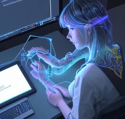 Overhead view of a student deeply engaged with a holographic interface displaying interconnected learning nodes, symbolizing personalized, adaptive AI education.
