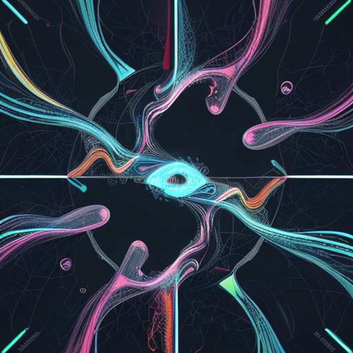 Overhead view of multicolored data streams entering an AI core, with corrupted red streams symbolizing bias, guided by a human hand reaching out for repair.