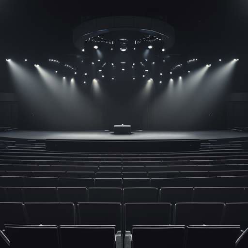 Spotlight on a speaker at a podium in a vast lecture hall, symbolizing the power of narrative to connect complex ideas with human experience.