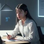 Student at a modern desk blending physical note-taking with a holographic interface displaying interconnected academic concepts, symbolizing human thought and AI assistance.