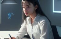 Student at a modern desk blending physical note-taking with a holographic interface displaying interconnected academic concepts, symbolizing human thought and AI assistance.