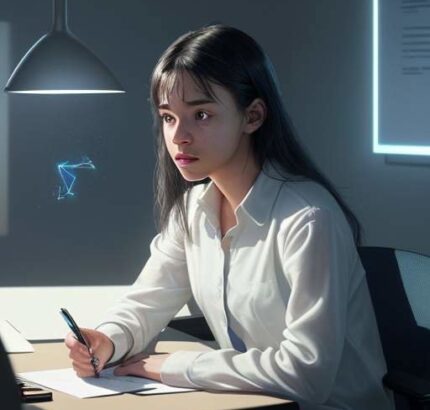 Student at a modern desk blending physical note-taking with a holographic interface displaying interconnected academic concepts, symbolizing human thought and AI assistance.