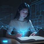 Student immersed in learning, surrounded by glowing data nodes and a holographic interface over a textbook, symbolizing the blend of traditional and digital knowledge.