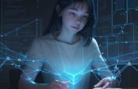 Student immersed in learning, surrounded by glowing data nodes and a holographic interface over a textbook, symbolizing the blend of traditional and digital knowledge.