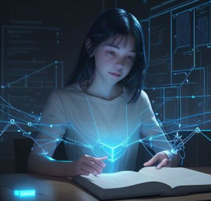Student immersed in learning, surrounded by glowing data nodes and a holographic interface over a textbook, symbolizing the blend of traditional and digital knowledge.