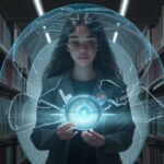 Student in a library examining holographic data streams with a magnifying glass, symbolizing deep intellectual inquiry and source vetting.