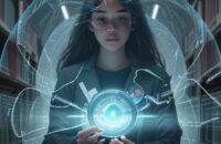 Student in a library examining holographic data streams with a magnifying glass, symbolizing deep intellectual inquiry and source vetting.