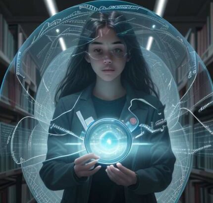 Student in a library examining holographic data streams with a magnifying glass, symbolizing deep intellectual inquiry and source vetting.