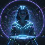 Student surrounded by glowing holographic data streams, using a futuristic stylus to connect complex knowledge nodes, symbolizing deep intellectual curiosity and learning.