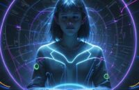 Student surrounded by glowing holographic data streams, using a futuristic stylus to connect complex knowledge nodes, symbolizing deep intellectual curiosity and learning.