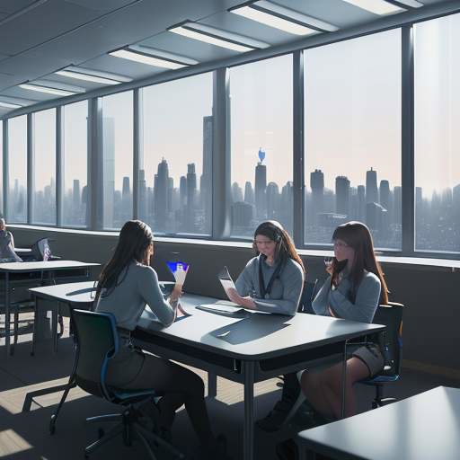 Students collaborate around a holographic table in a futuristic classroom, using AI assistants to edit code and essays while discussing under warm, cinematic lighting.