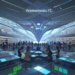Students collaborate in a futuristic library, interacting with a holographic interface displaying complex data visualizations, symbolizing human intellect merging with advanced AI technology.