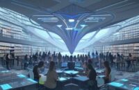 Students collaborate in a futuristic library, interacting with a holographic interface displaying complex data visualizations, symbolizing human intellect merging with advanced AI technology.