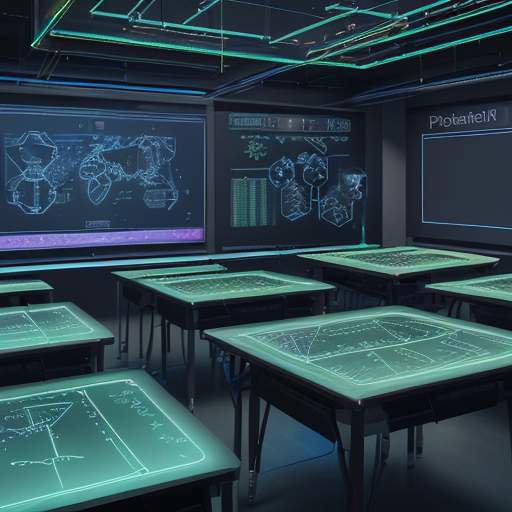 Students collaborating around a futuristic, interactive table displaying glowing data visualizations, symbolizing experiential, skills-based learning in a modern classroom.