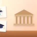 Illustration with a classical building, an AI robot and a graduation cap