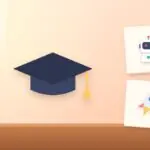 Illustration with a graduation cap, an AI robot and a rocket