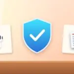 Illustration with a security shield, an AI robot and a document