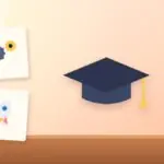 Illustration with a graduation cap, gears and a rocket
