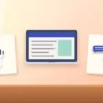 Illustration with a laptop, an AI robot and chat bubbles
