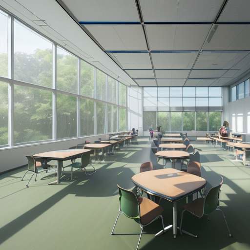 A panoramic view of a sustainable, futuristic classroom where students collaborate around a central holographic table under soft natural light, symbolizing an evolving EdTech ecosystem.